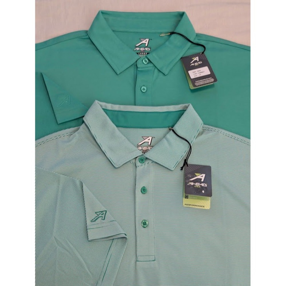 (Lot of 2) Ahead Performance Polo Shirts Mens L Kelly Green Micro Stripe & Solid